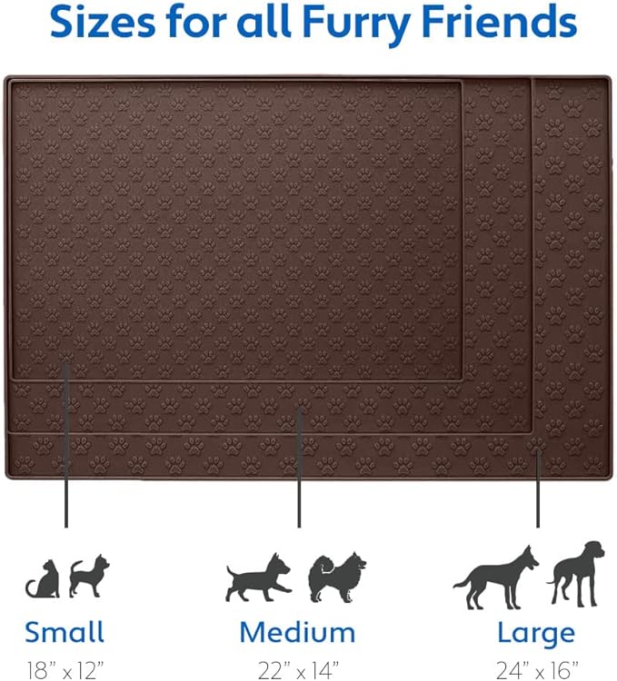 MIGHTY MONKEY 100% Waterproof Dog Food Mat, Raised Edges Silicone Pet Feeding Placemat for Cat, Dogs, Pet Bowls, High Lipped Tray Prevents Water Spills, Food on Floor, Dishwasher Safe, 18x12, Brown