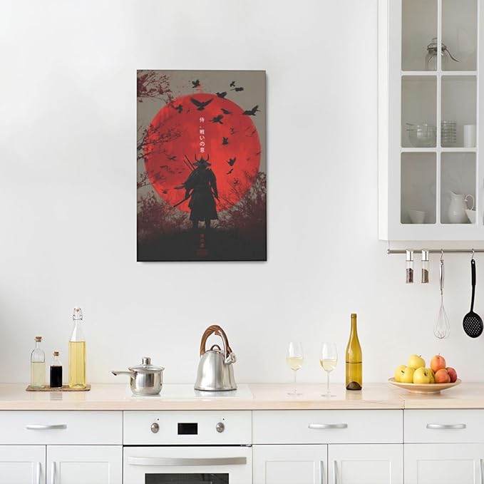 Japanese Armored Samurai Wall Art Modern Japan Warrior Canvas Wall Decor Asian Oriental Bushido Pictures Painting Print Artwork Framed Decorations Gifts for Room Bedroom Office Living Room 16"x24"