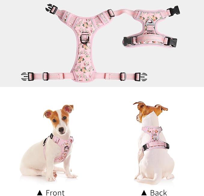 Timos No Pull Dog Harness,NO Need Go Over Dogs Head 3 Snap Buckles Reflective Oxford No Choke Harness with Front & Back 2 Metal Leash Clips Soft Padded for Small Medium Large Dogs Pink S