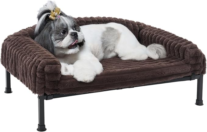 Veehoo Elevated Dog Bed with Bolster Cushion, Fluffy Plush Dog Couch Beds for Small Dogs, Cats, Washable Raised Pet Cot with Non-Slip Feet for Indoor or Patios Use, 30 x 20 Inches, Brown