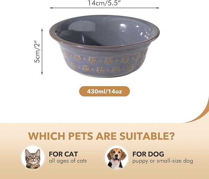 5.5inch Ceramic Set of 2 Dog and Cat Bowls, 2pcs Basic Food and Water Dishes for Puppy, Kitty, Wide Opening Rounded Edge (2 Bowls, Reactived Glaze -Grey)