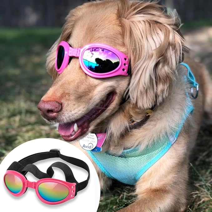 QUMY Dog Sunglasses Dog Goggles for Medium Large Breed Dogs, Wind Dust Fog Protection Eye Wear Pet Glasses with Adjustable Strap for Motorcycle Car Driving Bike Riding Hiking Swimming Over 15lbs Pink