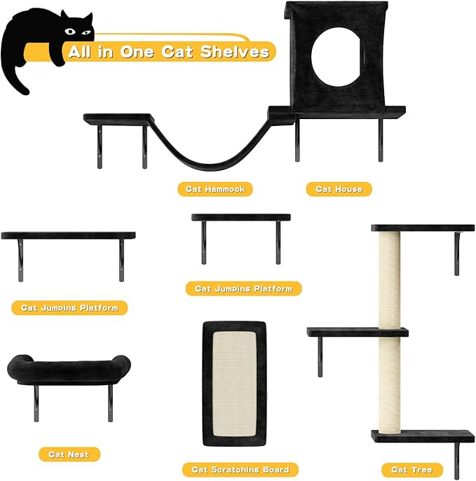 NUNU LAB Wall Mounted Cat Furniture, 6 Pcs Cat Wall Shelves with Condo House, Bridge, Steps, Scratcher, Hammock, Indoor Safe & Stable Furniture for Kittens Play, Black