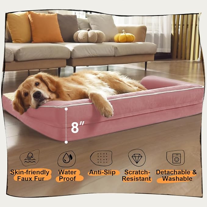Orthopedic Washable Large Dog Bed, Pink Dog Beds with Removable Cover, Large XXXL Pet Dogs with Bolster, Washable Dogs Beds Sofa with Orthopedic Egg Foam for Medium Large Pet