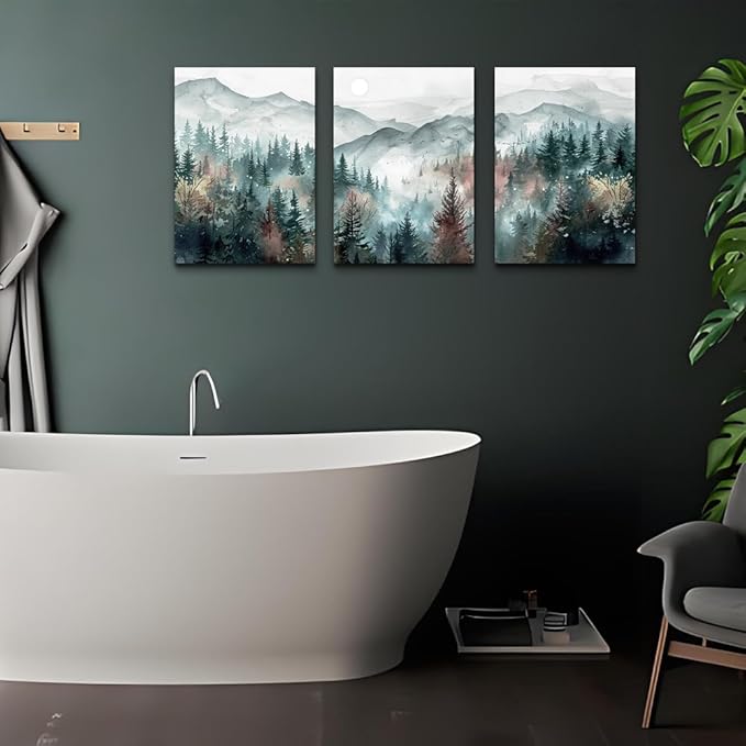 TTHYUEWS Farmhouse Wall Art For Bedroom Wall Decor For Living Room Wall Pictures for Office Fog Forest Mountain Landscape Watercolour Painting Artwork Modern Home Decorations Ready To Hang 3 Piece