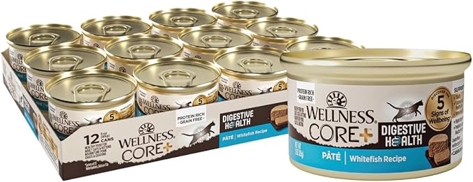 Wellness CORE+ Digestive Health Pate Adult Wet Cat Food, Natural, Protein-Rich, Grain Free, 3 Ounce, 12 Pack (Whitefish)