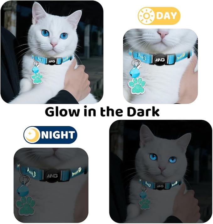Personalized Breakaway Cat Collars Glow-in-The-Dark with ID Tag, Bell - Safety Quick - Release, Customizable for Female Male Kittens & Cats (Blue)
