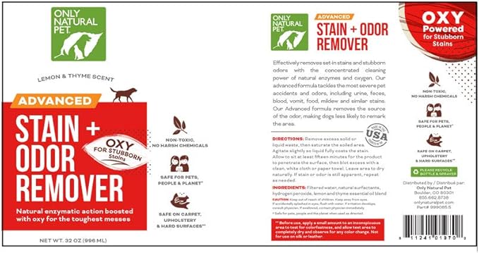 Only Natural Pet Advanced Dog Stain + Odor Remover with Oxy, All-Natural Professional Strength Enzymatic Cleaner - Pet Stain and Urine Odor Remover- 32 Fl Oz