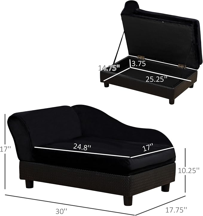 PawHut Luxury Fancy Dog Couch with Hidden Storage, Small Dog Sofa Bed with 2" Soft Foam, Modern Pet Furniture for Puppies & Little Breeds, Black