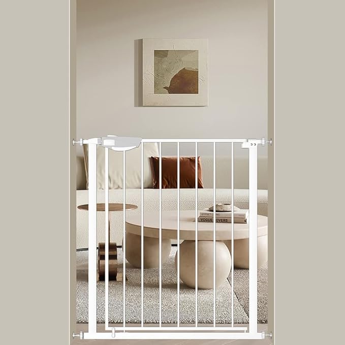 WAOWAO Triple Lock Baby Gate Extra Wide 31.1-35.04" Pressure Mounted Walk Through Swing Auto Close Safety White Metal Dog Pet Puppy for Stairs,Doorways,Kitchen