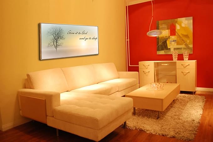 Lasdel Natural Extra Framed Wall Art of Misty Sunset & Tree Plant Picture For Bedroom Home Above Bed,Large White Country Wood Sign For Bathroom,Give It To God & Go to Sleep Artwork Decor,24x48