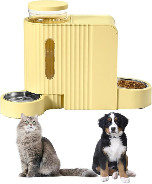 Automatic Cat Food Feeder and Water Dispenser,2 in 1 Gravity Cat Feeder and Water Dispenser with Stainless Steel Bowl,2 Pack Large Capacity Self Feeding for Small Medium Pets Puppy Kitten
