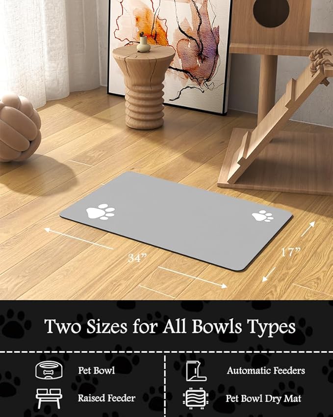 Pet Feeding Mat-Absorbent Dog Mat for Food and Water Bowl-No Stains Quick Dry Dog Water Dispenser Mat（LIGHTGREY,17"x34"