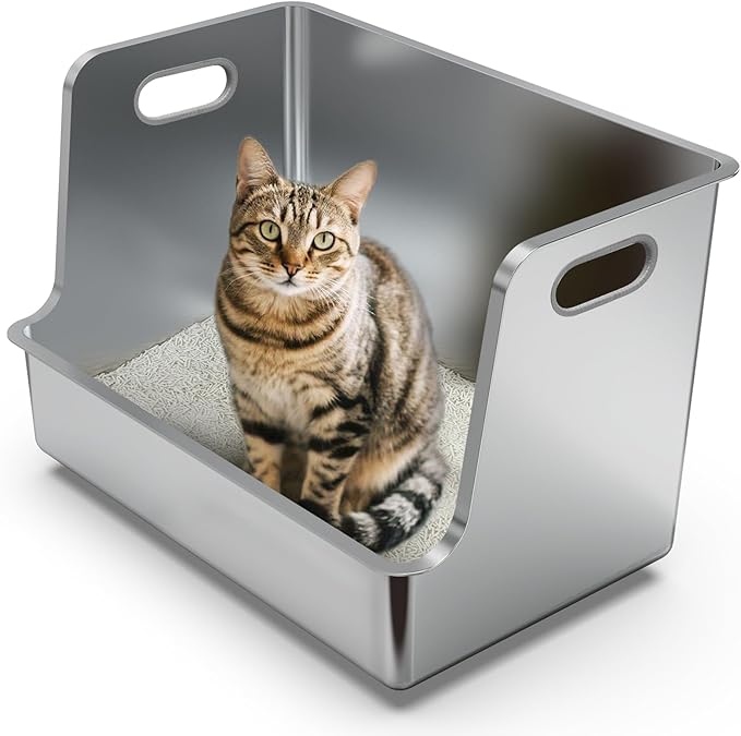 One-Piece Stainless Steel Litter Box, 14.5" High-Side XL Metal Cat Litter Box, Extra Wide Entry Pet Toilet, Cat Litter Station with Wheels, Easy to Move, Non-Stick, No Odor, for Big or Multiple Cats