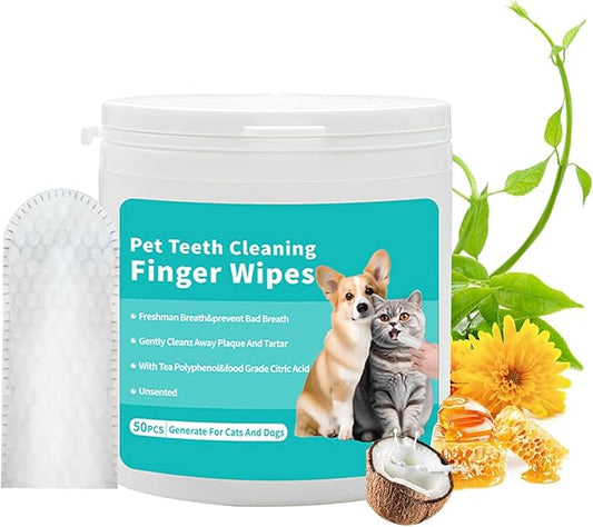 YUHUF-Teeth Cleaning Finger Wipes for Dogs & Cats, Pet Dental Care by Reducing Plaque and Tartar Remove Bad Breath, Disposable Gentle Gum Care Pet Wipes, 50 PCS