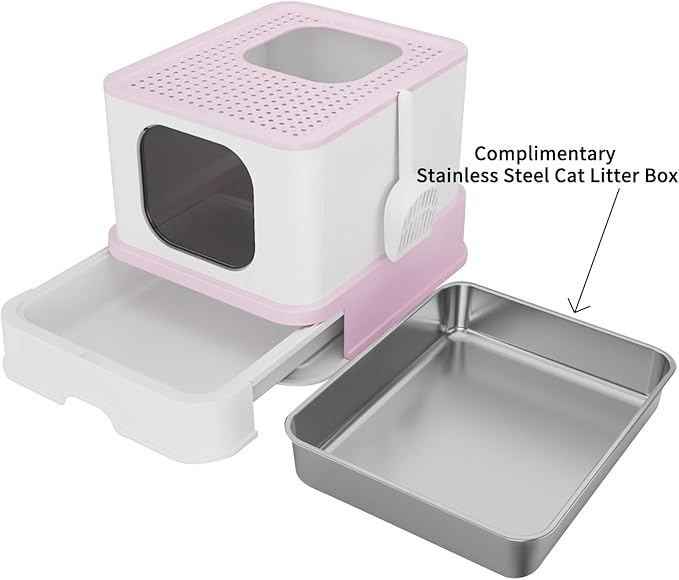 RIZZARI Cat Litter Box, Foldable Cat Box with Drawer, Large Capacity Litter Box with Lid, Top Opening Litter Pan for Small to Big Cats (Pink-Stainless Steel Basin)