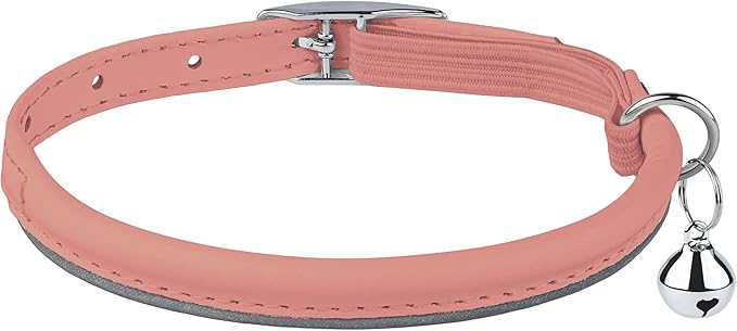 OOPSDOGGY Rolled Leather Cat Collar with Bell, Reflective Kitten Collars with Buckle Include Safety Elastic Strap - Adjustable Small Pet Collars for Boy Girl Cats (Peach)