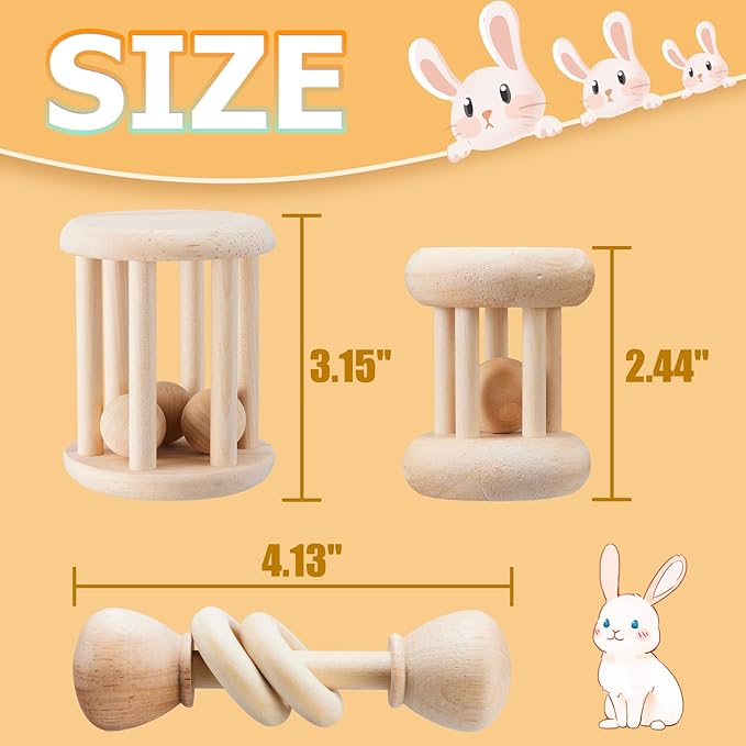 3 Pcs Natural Wooden Bunny Toys, Safe Rabbit Toys for Guinea Pig Chinchillas Hamsters Small Animals Playing Teeth Grinding Indoor Outdoor