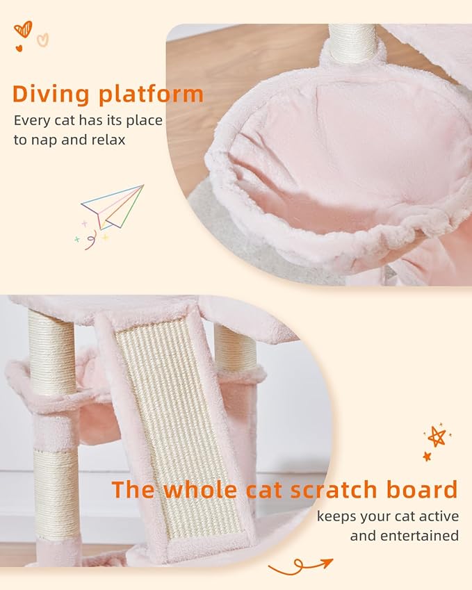 Taoqimiao Cat Tree 57.5-Inch, Cat Tower for Indoor Cats Large Adult, Extra Large Cat Condo, 8 Sisal Scratching Posts, Metal Frame Cozy Hammock, Durable Scratch Board, 2 Top Perches, Jelly Pink MS026P