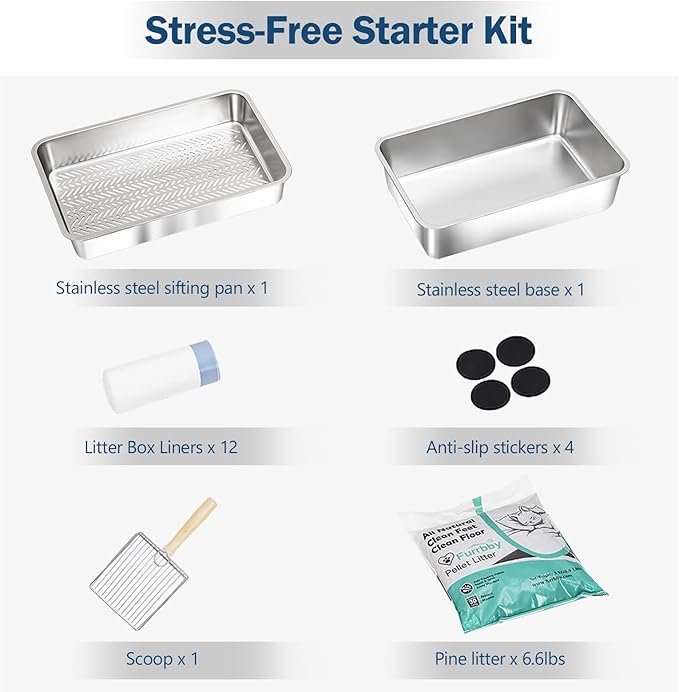 Stainless Steel Sifting Litter Box with Lid, Metal Litter Pan with Scoop for Big Cats Multi Cat, Extra Large Cats Litterbox Odor Control Easy Clean (23*15.4*6.9inch-Without Enclosure, X-Large)