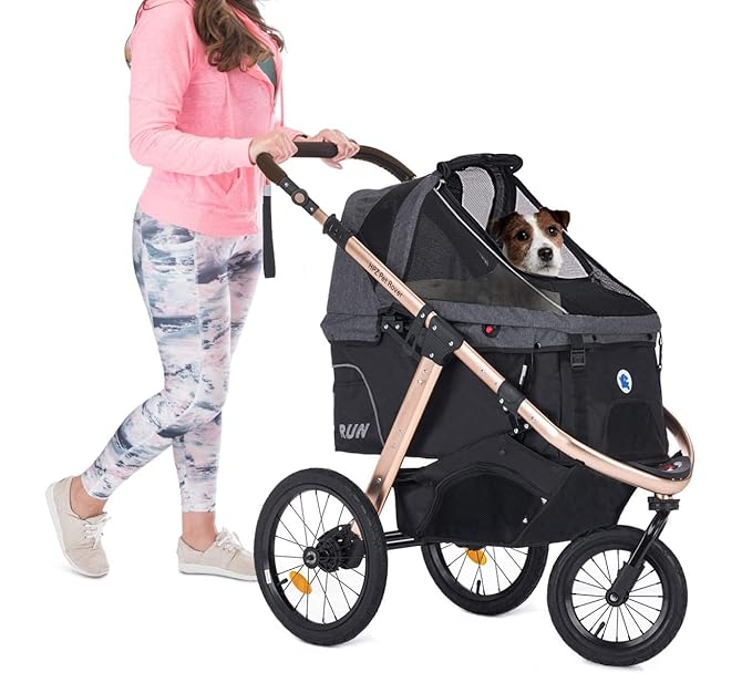 Run Performance Jogging Sports Stroller with Comfort Rubber Wheels/Zipper-Less Entry/1-Hand Quick Fold/Aluminum Frame for Small/Medium Dogs, Cats and Pets (Black)