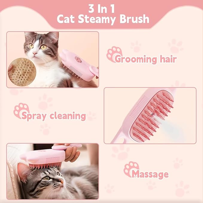 4 in 1 Cat Steam Brush Rechargeable pet spray comb Steam Brush for Cats and Dogs, Massage, Cleaning, Shedding & Combing Multifunctional Hair Removal Anti Static Grooming Tool for home (Pink)