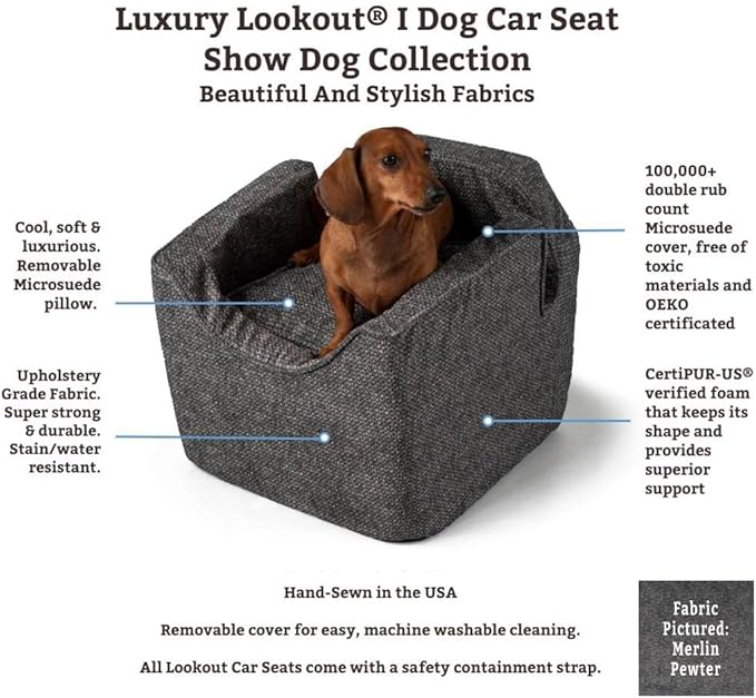 Snoozer Dog Car Seat, Lookout I Dog Booster Car Seat for Small Dogs Under 25lbs, Size: Medium, Fabric: Merlin Linen, Pet Car Seat to Alleviate Car Sickness for Dogs, Removable Machine Washable Cover