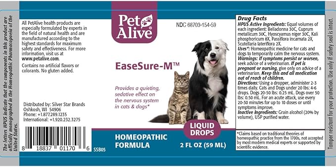 PetAlive EaseSure-M Calming Drops for Dogs and Cats – Natural Homeopathic Care for Nervous System Health – Supports Everyday Comfort, Reduced Muscle Twitching, and Quiet Relaxation – 59 mL Liquid