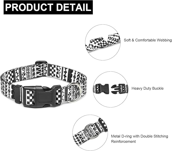 Mercano Adjustable Dog Collar - Special Design Patterns, Soft Nylon Comfortable Durable Pet Collar for Small Medium Large Dogs (S, Black White A)