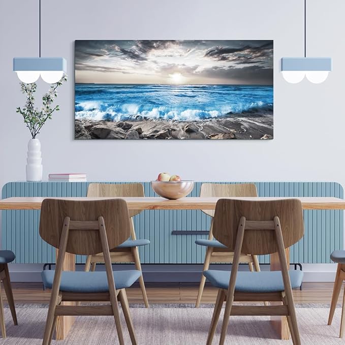 Lapremoly Large Wall Decoration For Living Room Framed Canvas Wall Art For Bedroom Office Wall Decor Black And White Beach Wall Painting Blue Sea Wave Pictures Artwork Modern Hotel Room Home Decor