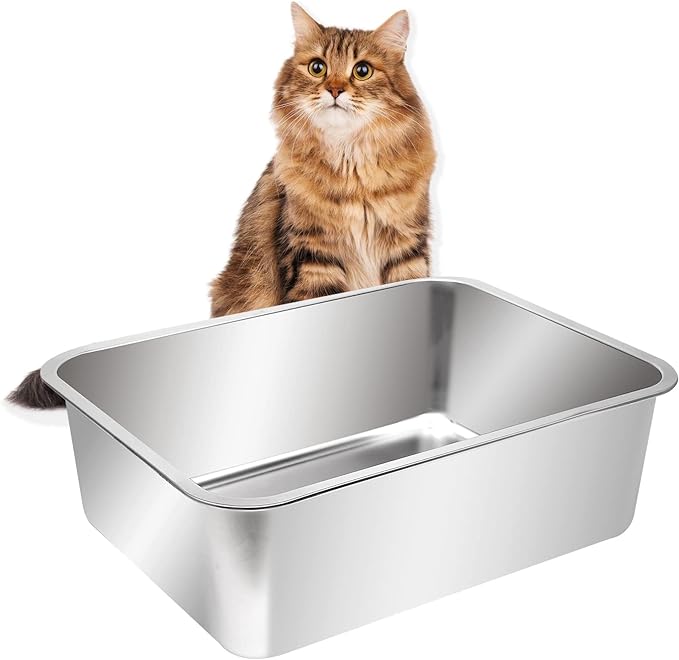 Kichwit Extra Large Stainless Steel Open Cat Litter Box with High Sides, Metal Litter Pan for Cat, 23.6 x 15.7 x 5.9 Inches