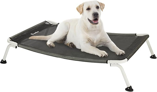 Veehoo Elevated Dog Bed for Outdoor, Cooling Waterproof Raised Dog Cots Beds for Large Dogs, Curved Off Ground Pet Hammock Cot Lifted for Outside, up to 85lbs, White Legs, Black 42"