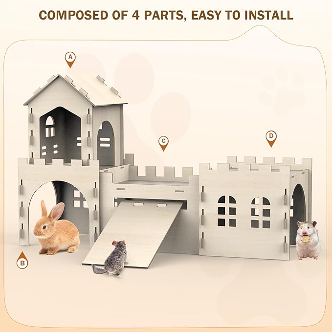 Large Bunny House and Hideouts, Wooden Dual-Layer Rabbit Castle with Stair, Rubber Band-Free Setup - Chew-Proof, Sturdy Habitat for Guinea Pig Chinchilla Ferret (Rabbit House)