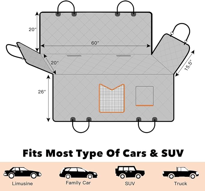Kytely Dog Car Seat Cover XL, Heavy Duty Dog Seat Cover for Back Seat, 100% Waterproof Nonslip Hammock for Car with Side Flap, Scratch Proof Pet Back Seat Covers