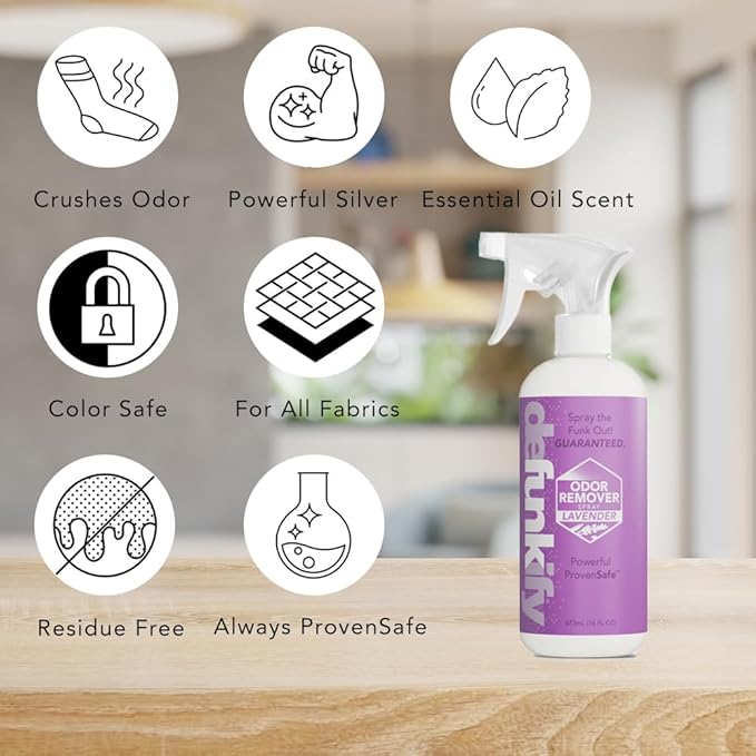 Odor Remover Spray, 16oz (2-Pack). 'Lavender' Essential Oil Odor Eliminator for Strong Odors on Fabric, Shoes, Activewear. 'ProvenSafe' Deodorizer for Pets, Kids & Sensitive Gear w/Ionic Silver