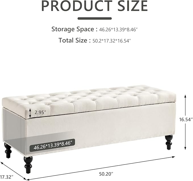 Ottoman with Storage,50.2-inch Upholstered End of Bed Storage Bench for Bedroom,for The Living Room,for Entryway, with Button and Safety Hinges,Detachable (White)