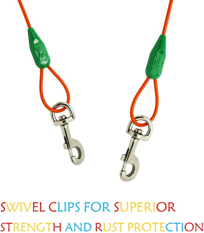 Petest 15ft Tie-Out Cable with Crimp Cover for Medium Dogs Up to 60 Pounds DarkGreen & Orange