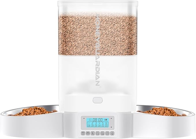 HoneyGuaridan Automatic Cat Feeder for Two,3.5L Cat Food Dispenser with Stainless Steel Bowl,Timed Feeder Programmable 1-6 Meals Control, Dual Power Supply,Desiccant Bag,10s Meal Call