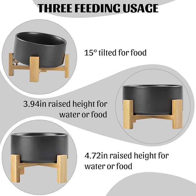 SPUNKYJUNKY 15° Slanted Ceramic Dog and Cat Bowl with Wooden Stand, Tilted Bulldog Food and Water Bowl No Slip Non-Spill for Cats Medium Dogs Big Face Pets 28.7 OZ (3.6 Cups, Black)