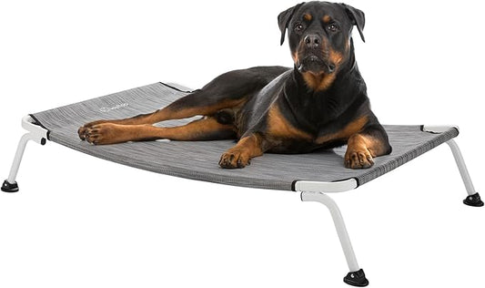 Veehoo Elevated Dog Bed for Outdoor, Cooling Waterproof Raised Dog Cots Beds XL, Curved Off Ground Pet Hammock Cot Lifted for Outside, up to 150lbs, White Legs, Black Silver 49"