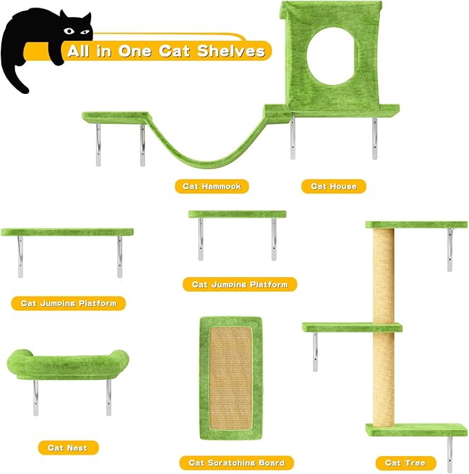 NUNU LAB Wall Mounted Cat Climber Set, 6 Pcs Cat Furniture Set with House, Bridge, Steps, Scratcher Board and Hammock, Shelves for Indoor, Luxury Walls Furniture(Green)
