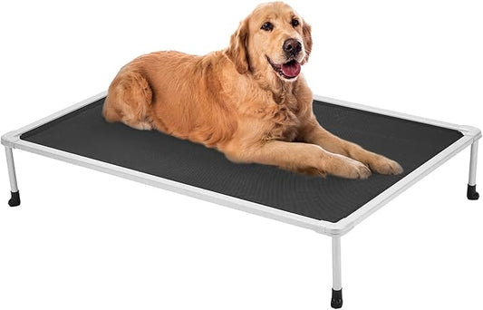 Veehoo Chewproof Elevated Dog Bed - Cooling Raised Pet Cot, Breathable Mesh, Washable & Non-Slip for Large Dogs, Indoor/Outdoor, Black Mat and Silver Metal Frame, 42x30inches (Model CWC2203B03)