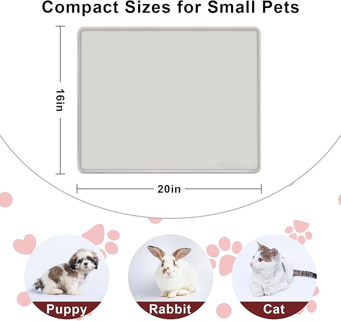 KVK Dog Water Mat 2-Pack 20×16in - Silicone Dog Mats for Food and Water, Non-Slip Pet Feeding Mat for Floors, Waterproof Cat Bowl Mats to Prevent Spills - Silver Gray & Cream