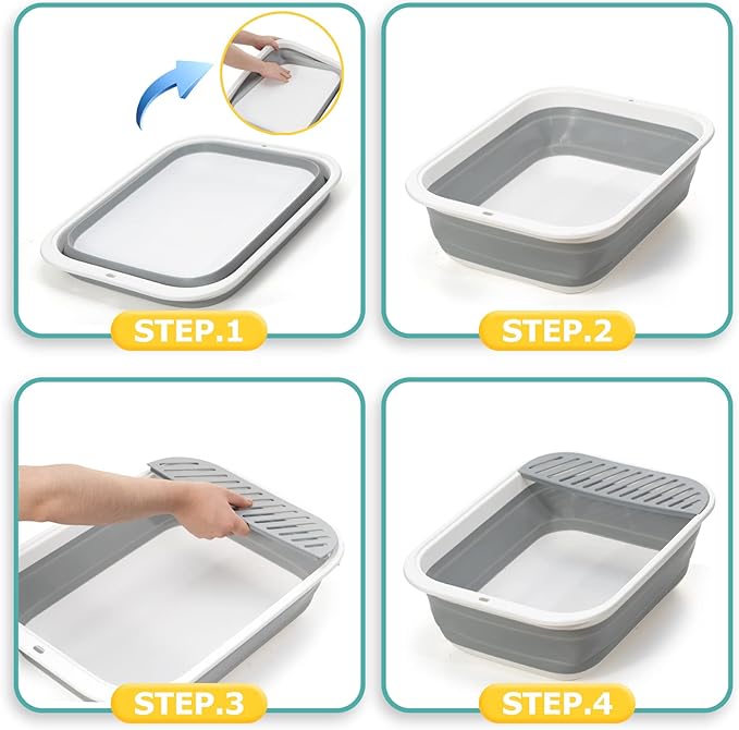 Open Top Cat Litter Box, Large Foldable Kitty Potty with Height-Adjustable Sides and Anti-Splash Design, Easy Clean with Cat Litter Scoop (Gray)