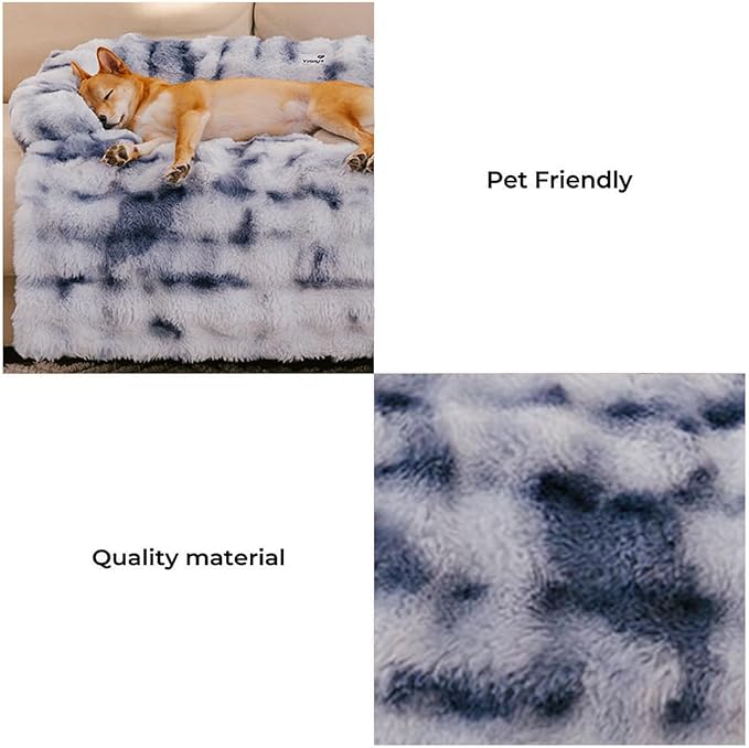FUNNY FUZZY Pet Fluffy Fuzzy Calming Dog Couch Bed Sofa Protector Washable Pets Mat for Large Medium Small Dogs and Cats (Tie-dye Blue,37.4 × 33.46 × 6.3 in)