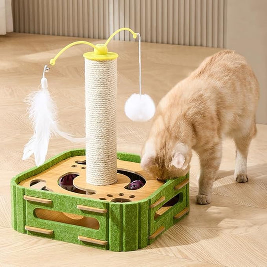 Interactive Cat Puzzle Toy - Scratching Post with Spinning Balls & Feathers for Indoor Cats, Satisfies Hunting Instinct, Self-Play Mental Stimulation Game with Rolling Track