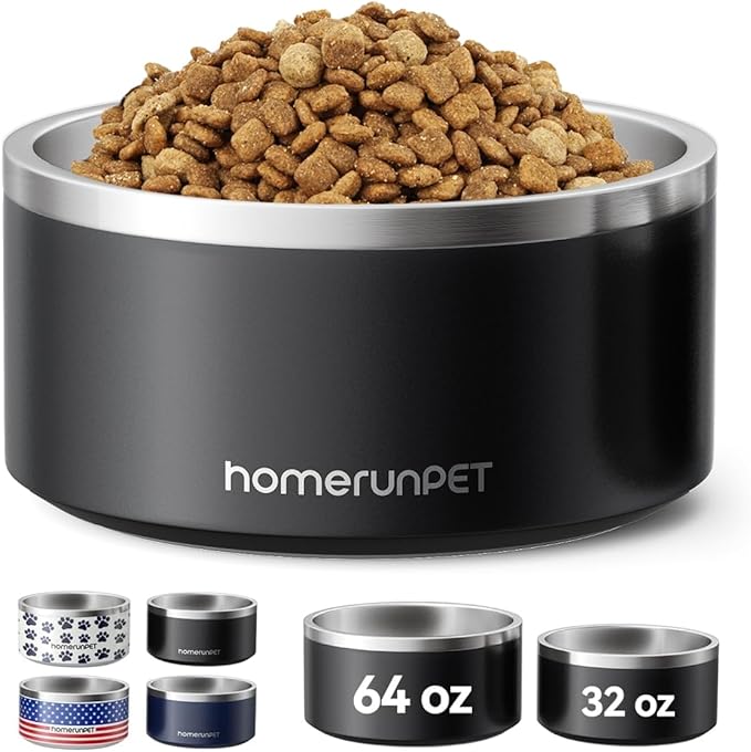 Homerunpet Double Wall Stainless Steel Dog Bowls, Non-Slip Base, Dishwasher Safe, Durable Pet Food & Water Bowl for Dogs & Cats(32oz, Black)