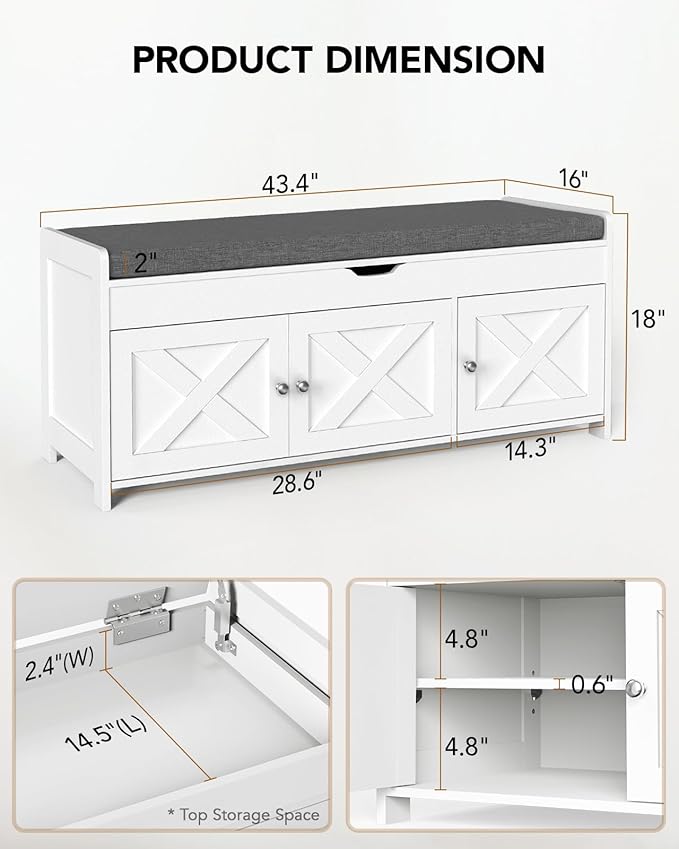 Amada Shoe Storage Bench, Entryway Bench with Cushioned Seat & Lift Top Storage, 3 Doors, Adjustable Shelf, 300 lbs Capacity, Bench with Shoe Rack for Entryway, Bedroom, Living Room, White