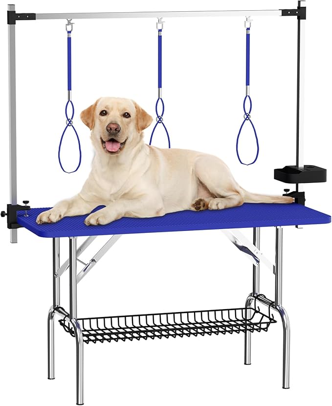 VFK 47'' Large Dog Grooming Table Stainless Steel Foldable Grooming Table for Dogs at Home Adjustable Height Arms Pet Station with Nooses, Mesh Tray, Tool Organizer