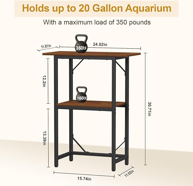 Snughome 10-20 Gallon Fish Tank Stand, Aquarium Stand 2-Tier Storage Shelves, Heavy Duty Terrarium Stand for Home Office Fish Tank Shelf, 24" L x 11.8" W x 30.7" H, Rustic Brown